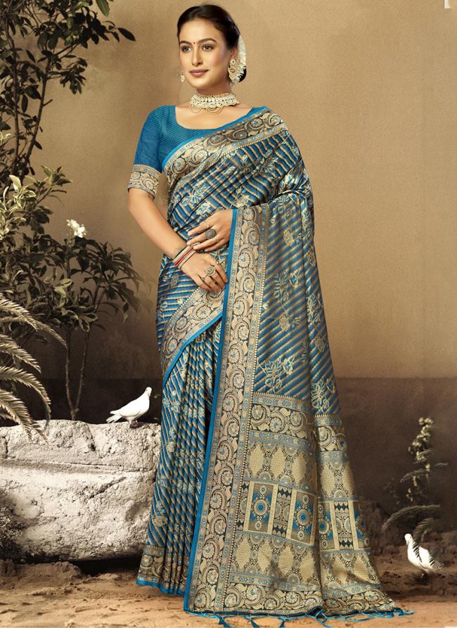 Sattin Silk Sky Blue Wedding Wear Weaving Saree